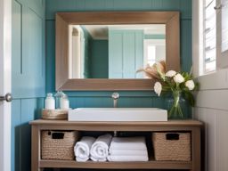 Beach Bathroom Getaway - Beach bathroom getaway with seashell decor and a coastal color palette. realistic, professional photography, bokeh, natural lighting, canon lens, shot on dslr 64 megapixels sharp focus