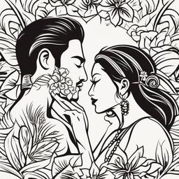 Hawaiian Couples Tattoos - Symbolize love and unity with matching Hawaiian-themed tattoos designed for couples.  simple vector color tattoo,minmal,white background