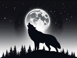 Howling Wolf Moon Tattoo,mesmerizing scene, wolf's haunting howl under the radiant moon, profound connection with the night sky. , tattoo design, white clean background