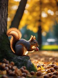 squirrel collecting acorns in a bustling city park 8k ultrarealistic cinematic 