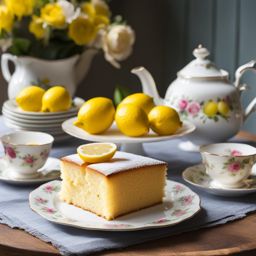 lemon drizzle cake served at a tea party in a charming english cottage. 