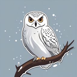 Snowy Owl on Snow-Covered Branch Emoji Sticker - Arctic sentinel amid winter's hush, , sticker vector art, minimalist design