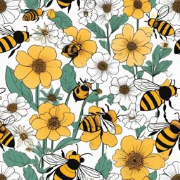 Bees in Garden clipart - Bees pollinating blooming flowers, ,vector color clipart,minimal