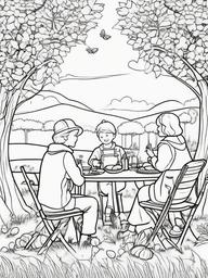 Fall Picnic Coloring Pages - Enjoying a Meal Under Colorful Trees  minimal black outline printable sheet, coloring page