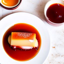 an individual serving of crème caramel, silky custard topped with a golden caramel glaze. 