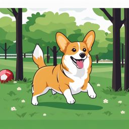 Corgi playing fetch in the park clipart  simple, 2d flat