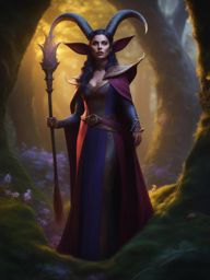 tiefling warlock,lirael nightshade,bargaining with a mischievous fey spirit,an enchanted grove detailed matte painting, deep color, fantastical, intricate detail, splash screen, complementary colors, fantasy concept art, 8k resolution trending on artstation unreal engine 5