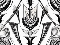 Athena's spear and shield ink. Tools of divine protection.  color tattoo style, minimalist design,white background