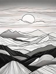 drawing of a sunset with mountains and clouds  minimal rough sketch scribbles,doodles,black and white