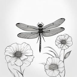 drawing of a dragonfly resting on a flower  minimal rough sketch scribbles,doodles,black and white