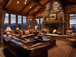 Rustic living room highlights oversized sofas, a wooden coffee table, and a stone fireplace, evoking a cozy cabin feel for family and friends.  