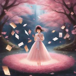 sakura kinomoto captures magical cards in a dreamlike realm filled with floating cards. 