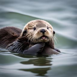 curious baby sea otter floating on its back, cracking open shellfish. 