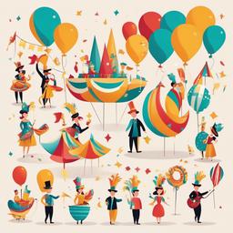 Celebration clipart - parade with colorful floats and performers  color,minimalist,vector clipart