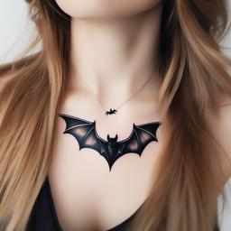 Bat Collarbone Tattoo-Delicate and elegant tattoo design placed on the collarbone, featuring a bat motif.  simple color tattoo,white background