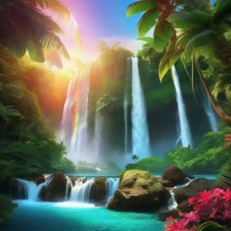 Live Wallpapers - Dynamic Waterfall in a Tropical Paradise wallpaper splash art, vibrant colors, intricate patterns