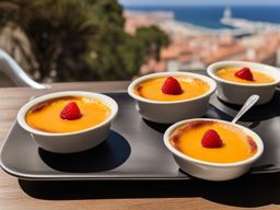 crema catalana, a spanish dessert, savored at a seaside restaurant in barcelona. 