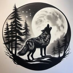 Wolf on Moon Tattoo,mystical scene in ink, wolf dwelling within the confines of the glowing moon. , tattoo design, white clean background