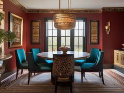 The dining nook features Egyptian Revival interior design with a stylish table, patterned chairs, and rich colors that create a captivating space for casual meals.  