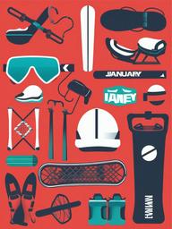 January clipart - winter sports equipment with January text  color,minimalist,vector clipart