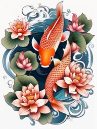 Koi Fish and Lotus Tattoo,a harmonious tattoo combining koi fish and lotus flowers, symbolizing transformation and beauty. , color tattoo design, white clean background