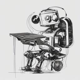 drawing of a robot playing music  minimal rough sketch scribbles,doodles,black and white