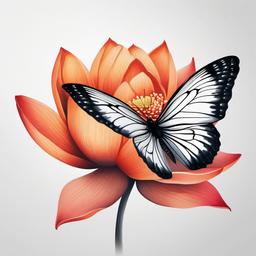 butterfly on lotus flower tattoo  simple color tattoo, minimal, white background