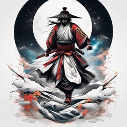 Samurai tattoo ascending through celestial realms.  color tattoo,minimalist,white background