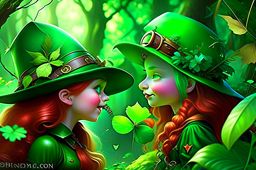 leprechaun vs nymph - mythical beings outwit each other in a whimsical, emerald-green forest, clovers and charms in play. 