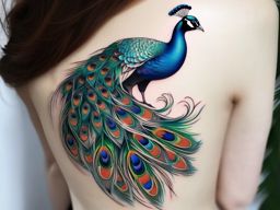 Peacock Tattoo - Peacock displaying its stunning tail feathers  color tattoo design, clean white background