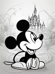 drawing of Mickey Mouse in a magical setting  minimal rough sketch scribbles,doodles,black and white