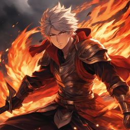 Heroic anime warrior in a fiery battleground. , aesthetic anime, portrait, centered, head and hair visible, pfp