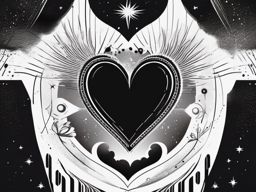 Black heart with cosmic elements ink. Celestial emotions.  minimalist black white tattoo style