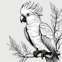 Cockatoo Tattoo - Cockatoo chattering and perched on a branch  few color tattoo design, simple line art, design clean white background