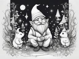 drawing of a gnome with magical creatures  minimal rough sketch scribbles,doodles,black and white