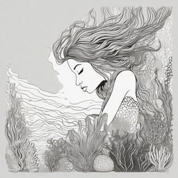 drawing of a mermaid in a coral reef  minimal rough sketch scribbles,doodles,black and white