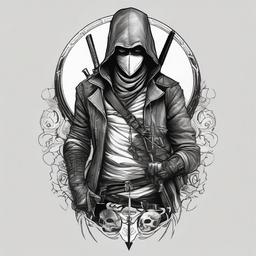 black and white assassin  ,tattoo design, white background