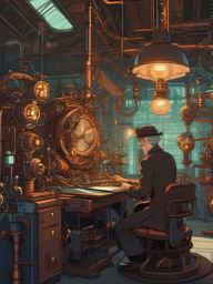 Steampunk inventor and inventive inventor friend, surrounded by retro-futuristic machinery in a laboratory, creating fantastical contraptions, as a matching pfp for friends. wide shot, cool anime color style