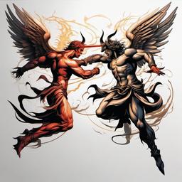Angel and Demon Fighting Tattoo-Dynamic and artistic tattoo design featuring an intense battle between angels and demons.  simple color tattoo,white background