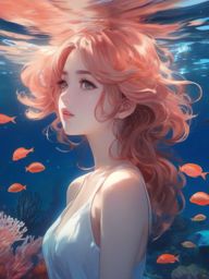 Serene anime girl underwater in a coral reef. , aesthetic anime, portrait, centered, head and hair visible, pfp