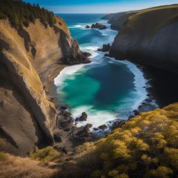 coastal cliffside, offering dramatic views of the ocean crashing against rugged cliffs. 