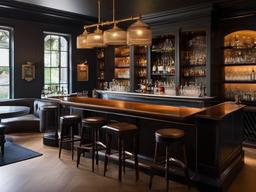 In the bar room, vintage interior design includes vintage bar stools, an antique bar cart, and classic decor that create a stylish environment for socializing and celebration.  