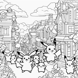 pokemon coloring pages - pikachu leads a parade of pokemon through a lively town. 