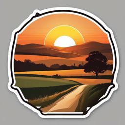 Sunset over rural landscape sticker- Rural tranquility, , sticker vector art, minimalist design