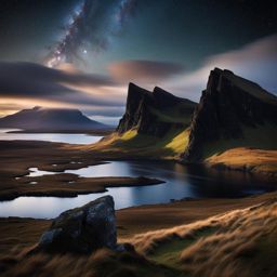 isle of skye, scotland - illustrate the rugged beauty of scotland's isle of skye, with its dramatic cliffs and lochs under a starry night. 