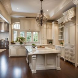 french provincial kitchen with antique white cabinets and marble countertops. 