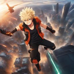 bakugou katsuki - soars through a futuristic cityscape, unleashing explosive quirk attacks. 