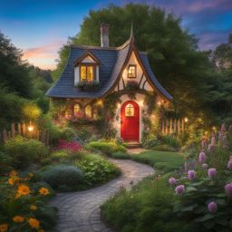 whimsical fairy-tale cottage nestled in a vibrant, enchanted garden. 