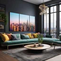 City Skyline Sanctuary - Design a living room with a skyline view and urban aesthetics. , living room decor ideas, multicoloured, photo realistic, hyper detail, high resolution,