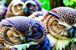 owls having a 'who can stay awake the longest' contest, hilariously fighting off drowsiness. 